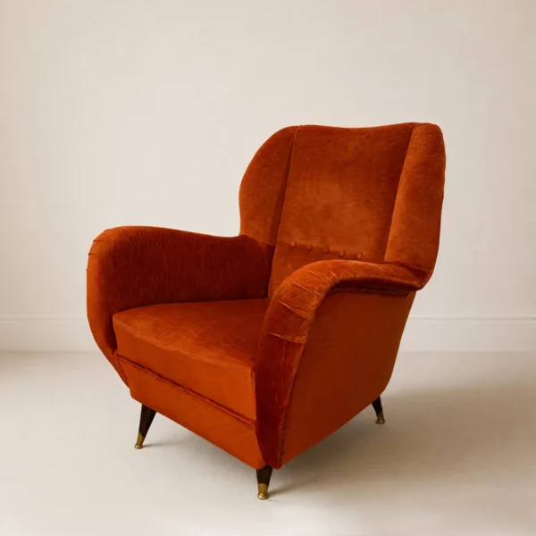 Poltrona in velluto rosso <br> Italia, anni 50